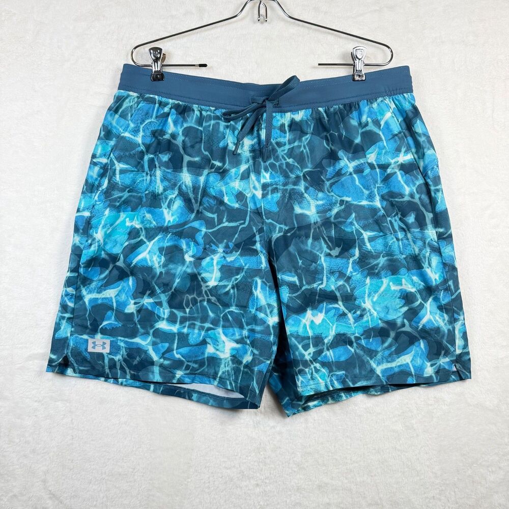 Under Armour Shorebreak 2N1 Board Shorts XL Blue Water Print Swim Trunks NWT